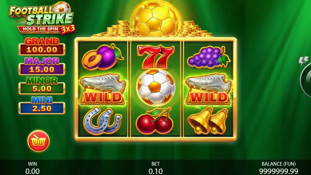 Tampilan visual slot 3x3 Football Strike dengan elemen sepak bola dan buah-buahan