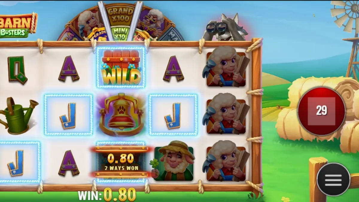 Tampilan visual slot Barn Busters dengan latar belakang peternakan dan roda keberuntungan