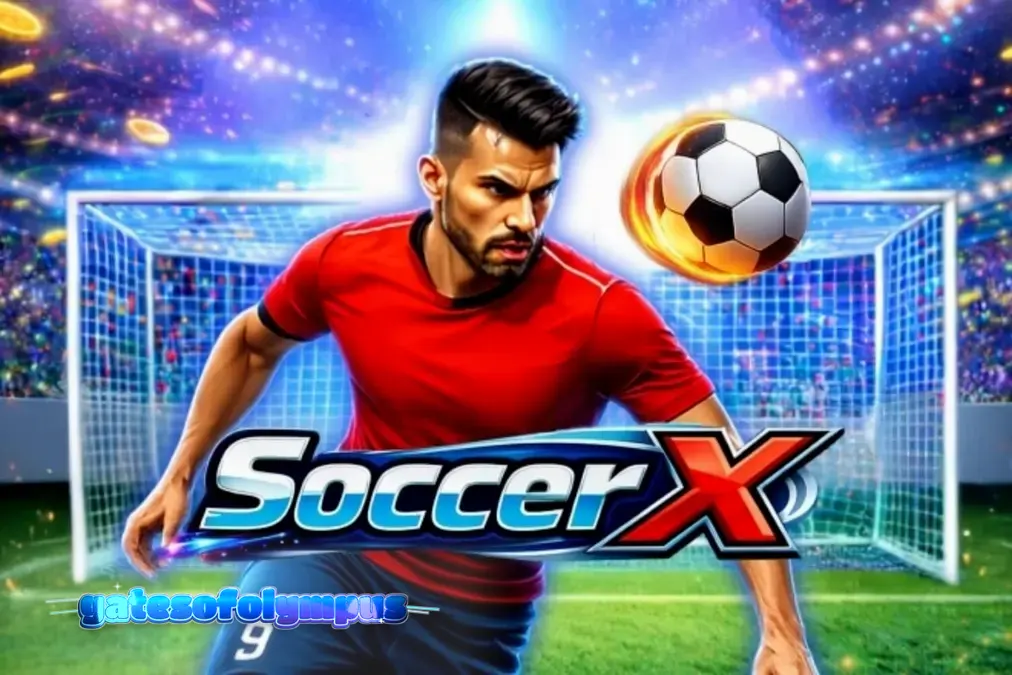 Tampilan visual permainan slot SoccerX dengan latar stadion sepak bola.
