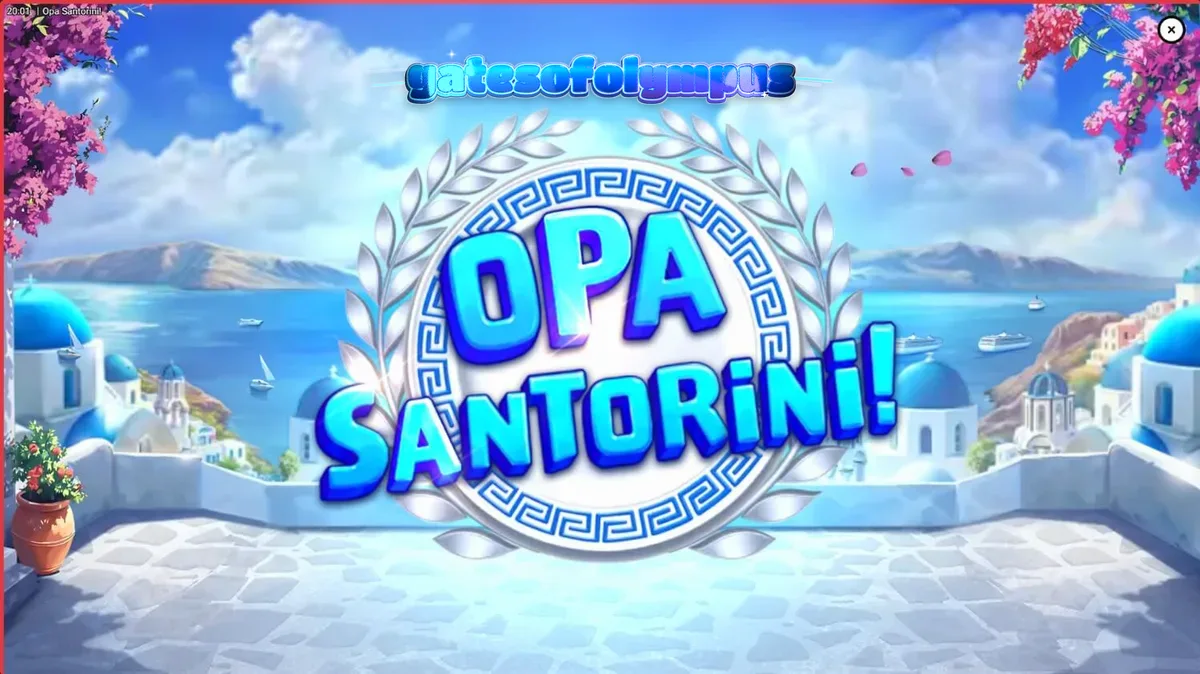 Pemandangan indah pulau Santorini dengan elemen slot Opa Santorini!